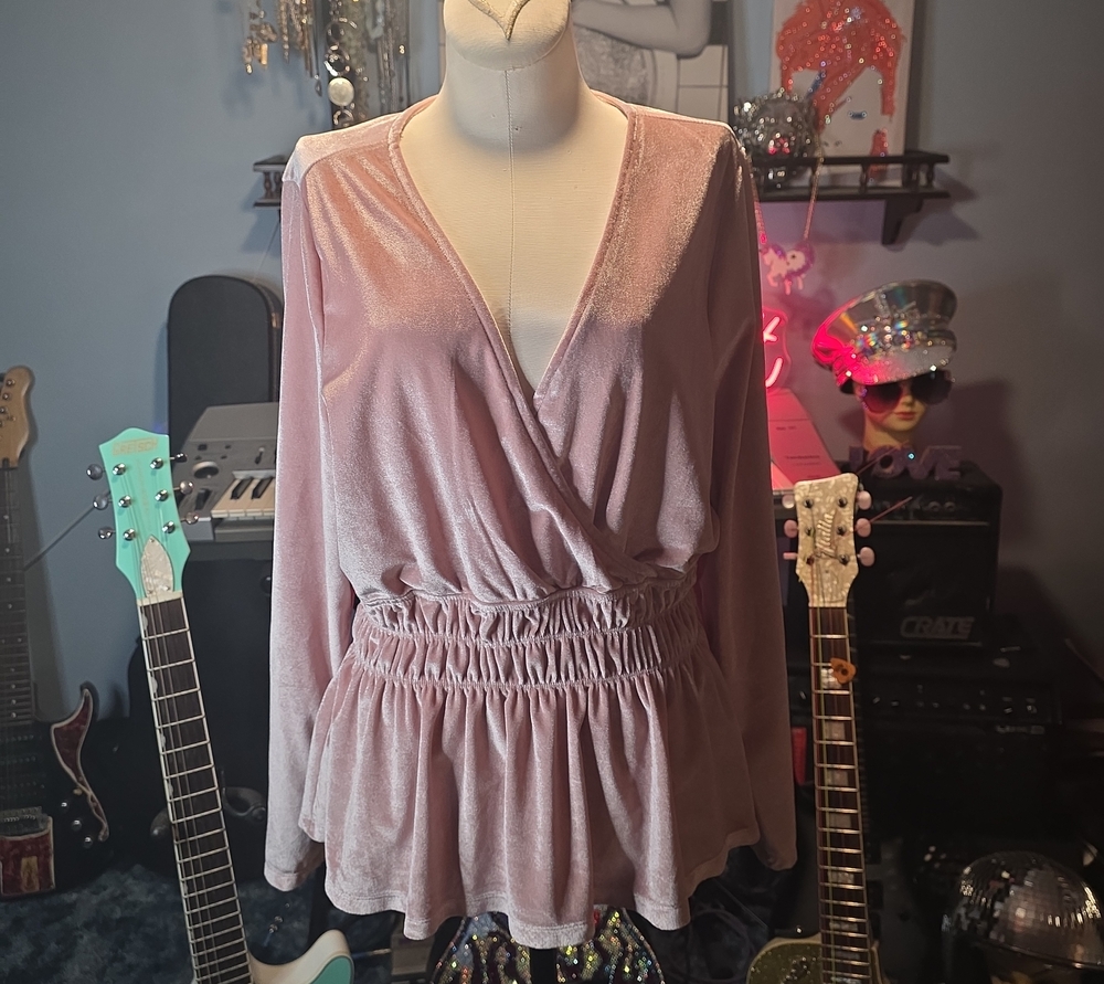Velvet Long-Sleeve Wrap Peplum Blouse in Mauve